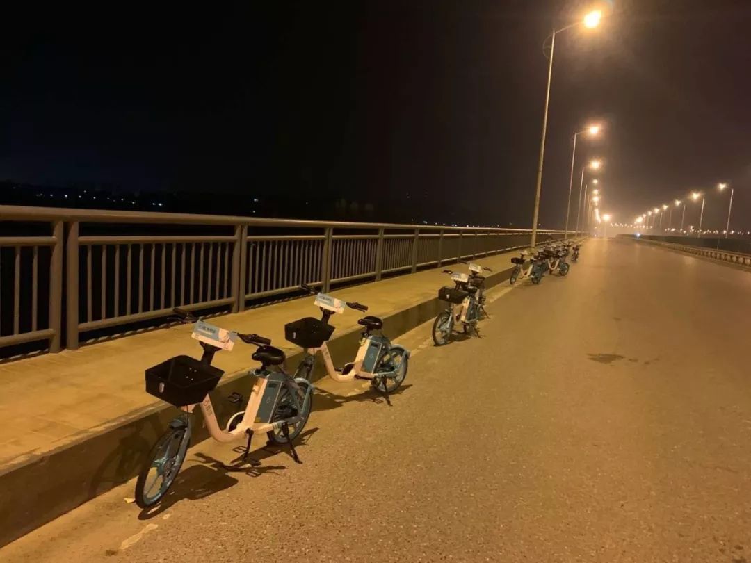 Green orange bicycles set up service points on Panlong Bridge.